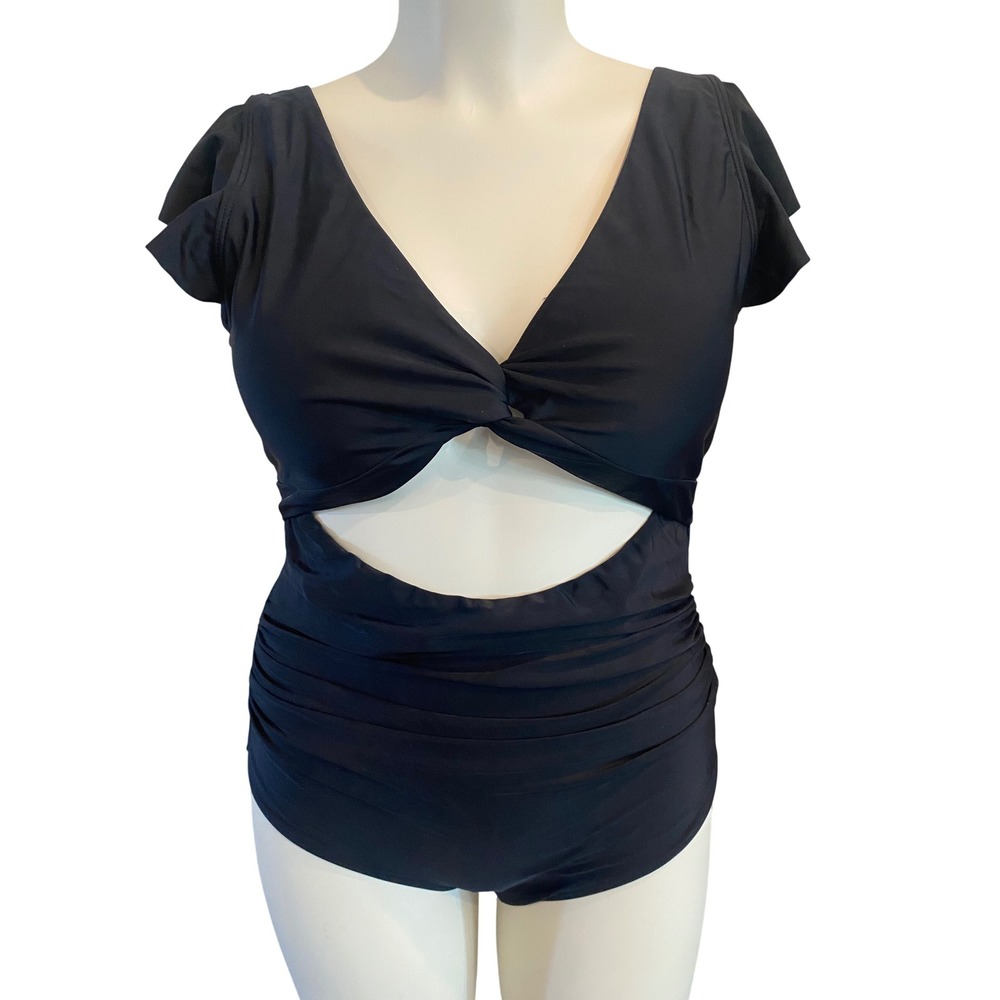 Eomenie Black‎ One Piece Swimsuit Cutout Flutter Sleeve Ruched XL NWT